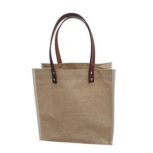 Eco Customized Brand logo PU Leather Handle Plain Blank Linen Burlap Jute Shopping Tote Bag - Product Image 2