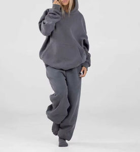 Survêtements pour femmes en deux pièces surdimensionnés avec ceinture en dentelle brodée personnalisée, lavage à l'acide, 100% coton molletonné OEM - Product Image 1