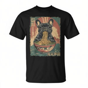 T-shirt promozionale con grafica giapponese Kawaii di Bulldog Francese e Ramen, stile Anime - Product Image 2