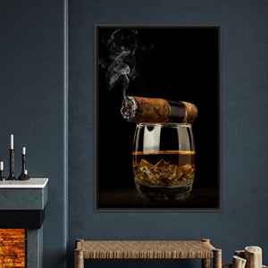 Luxurious Cigar & Whiskey Glass Canvas Print Elegant Dark Still Life Art,<b>BLACK</b> <b>FRAMED</b> CANVAS - Product Image 1