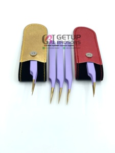 Pince à épiler pour extensions de cils de haute qualité, anti-statique, à pointe dorée, à pointe dentelée, avec revêtement en poudre violette isolante, longueur 10 mm, personnalisable - Product Image 3