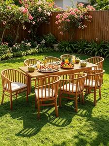 Ensemble de jardin en teck, table et chaises de salle à manger d'extérieur, mobilier de patio avec sièges rembourrés - Product Image 1