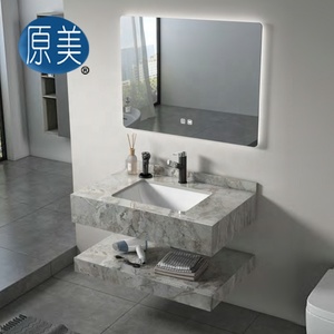 <span class=keywords><strong>Lavabo</strong></span> de cerámica bajo encimera de doble capa de diseño moderno, fregadero de mármol de piedra sinterizada, juego de gabinete de baño con espejo para Hotel - Product Image 4