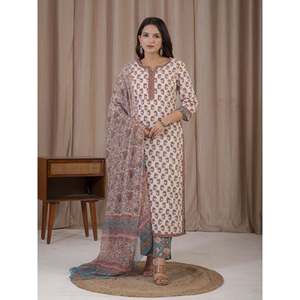 Conjunto de Kurta y Pantalón de Algodón con Estampado a Mano en Blanco y Rosa para Primavera - Product Image 3