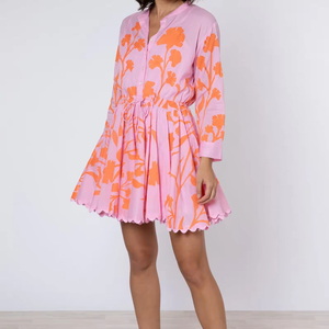 Decorative Exclusive Bohemian V-neck <b>Long</b> Sleeve Floral Paisley Pink Orange Printed Midi Dress 100% Cotton <b>Slip</b> Included Tassel - Product Image 1
