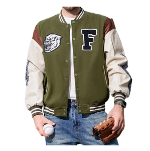 <b>Men</b> Varsity <b>Jacket</b> Preppy Style Embroidered Letter F Patch Front <b>Long</b> Sleeve Autumn Wool Polyester Shell - Product Image 1