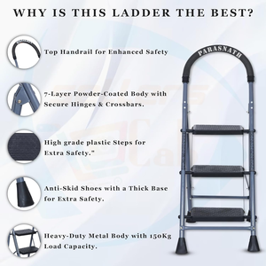 Escalera Plegable Industrial de 3 Peldaños Parasnath, Construcción de Acero, Color Gris, Diseño Plegable, Ligera, Antideslizante - Product Image 5