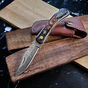 Cuchillo de hoja fija de acero de Damasco hecho a mano con Funda de cuero OEM personalizable para caza al aire libre y Camping - Product Image 1