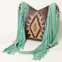 Sac bandoulière en cuir fait main avec franges, style bohème western, broderie aztèque, vintage, léger, à sangle unique, été hiver