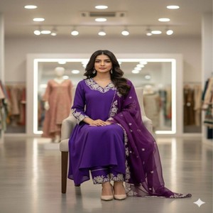 Conjunto de Kurti y Pantalón VASTRA COTTAGE con Bordado de Seda Romana y Dupatta de Organza Suave, Traje Étnico de Diseñador para Mujer para Fiestas - Product Image 3