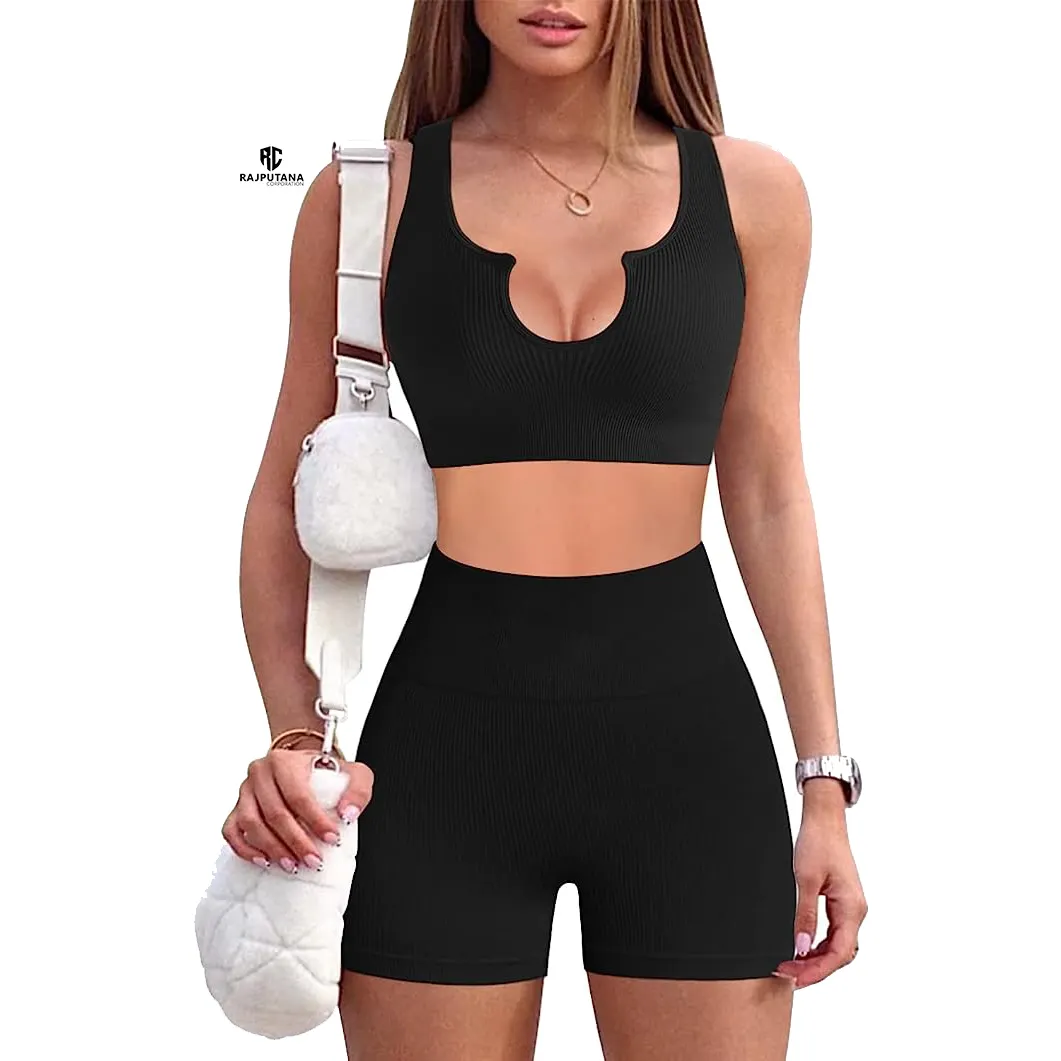 Yoga Basic 2 Pc Sportswear Bra & Shots Rib \ Gym Fitness Wear Exercise Lightweight Crop Top Shorts Ribbed Two Piece Sets