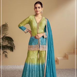 Salwar Kameez prêt-à-porter en soie chinon lourde, imprimé numérique, broderie, style pakistanais, multi-paillettes, pour femmes adultes, style indien - Product Image 1
