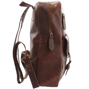 Bolso de viaje de cuero genuino marrón ceroso Unisex, forro de algodón suave y elegante con dos hebillas, cierre de cremallera, patrón geométrico bohemio - Product Image 3