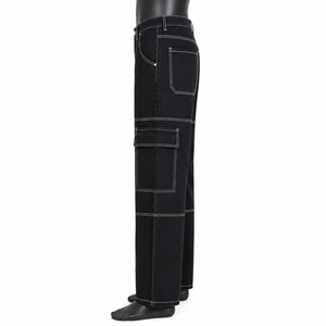 Jeans cargo en denim noir avec logo personnalisé, de haute qualité, à jambes larges, multi-poches, pantalon streetwear pour hommes - Product Image 5