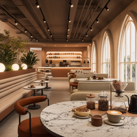 Mostrador de Bar Estilo Árabe para Cafetería con Acabado Caramelo Acanalado y Estante con Cápsulas LED, Juego Completo de Muebles para Cafetería