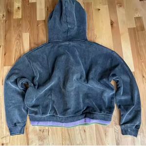 Nouveau Vintage couleur unie 100% coton à capuche Style de rue surdimensionné lavage à l'acide blanc trois couches fermeture éclair Boxy recadrée hommes à capuche - Product Image 3