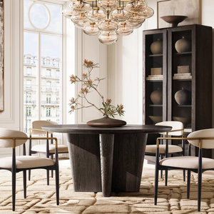 Table à manger en teck massif de qualité supérieure, base de piédestal conique sculptée, design minimaliste moderne en bois naturel, mobilier de salle à manger d'hôtel - Product Image 1