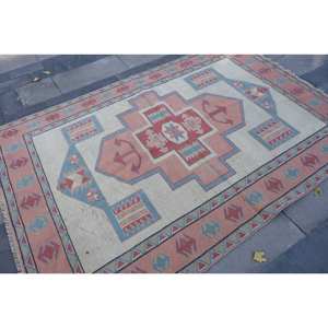 Tapis traditionnel en laine bleu rouge de grande surface 5.1X7.3 pieds Motif de couloir rectangle turc Design abstrait 10mm Latex pour adolescents - Product Image 2