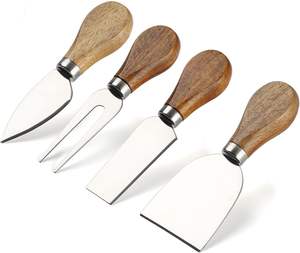 Juego de cuchillos para queso de 4 piezas Mango de madera Cuchillos de acero inoxidable con cortador de queso Cortador Afeitadora Tenedor - Product Image 1
