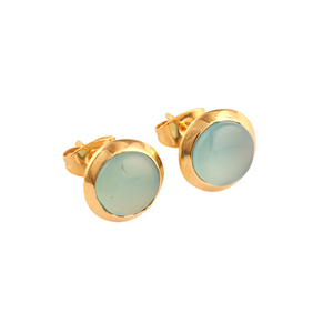 Bijoux en pierres précieuses rondes minimalistes goujon cabochon aqua calcédoine pousser boucle d'oreille gros bijoux en laiton goujons plaqués or - Product Image 3