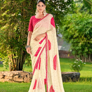 Saree en soie de mousseline de soie pure indienne de style Bollywood avec bordure en dentelle perlée et pièce de chemisier Saree de couleur - Product Image 1
