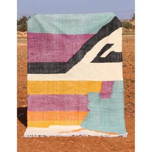 Alfombra Kilim hecha a mano marroquí, patrón rectangular abstracto colorido, tejido plano para sala de estar adolescente o pasillo, estilo moderno - Product Image 1