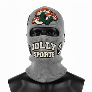 Women premium knit balaclava 300 GSM soft acrylic blend grey color with chenille custom logo and embroidered patches balaclava - Product Image 1