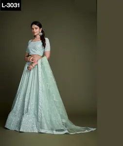 ชุดแต่งกายพื้นเมืองอินเดียผ้าจอร์เจียแบบหนักงานปักและลำดับงาน lehenga choli พร้อมชุดตาข่ายหนาสำหรับงานแต่งงาน - Product Image 1