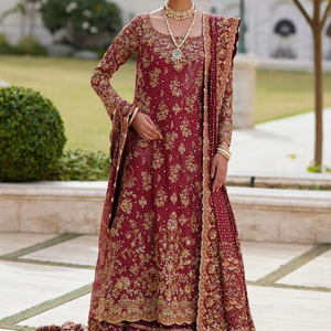 Vestido de Novia Moderno Hecho a Mano en Pakistán, Estilo Línea A, Gasa 100% Poliéster, Mangas Largas, Espalda con Cordones, Talla Grande, Transpirable, Antiarrugas - Product Image 1