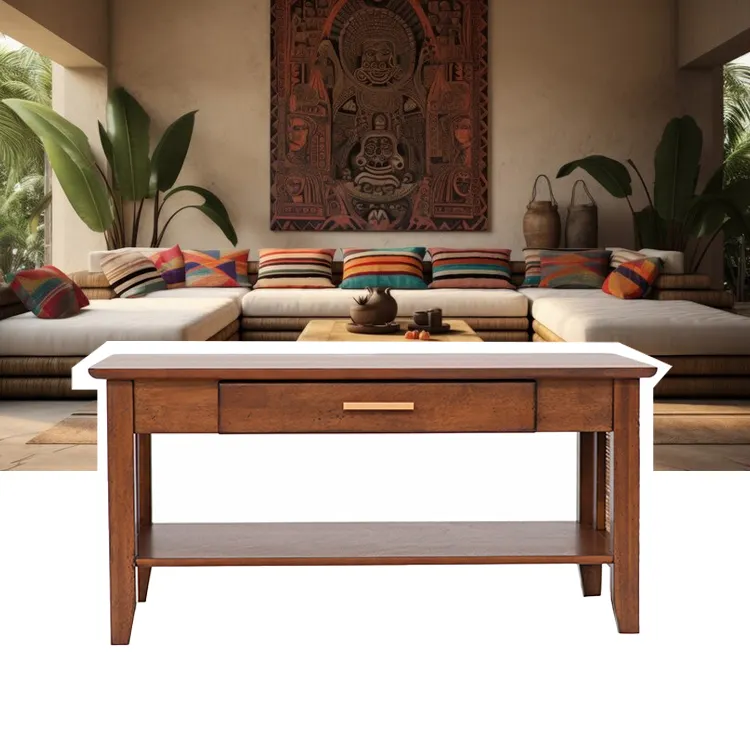 Longue table basse en rotin en bois de style Bali traditionnel avec tiroir pour couloir et foyer