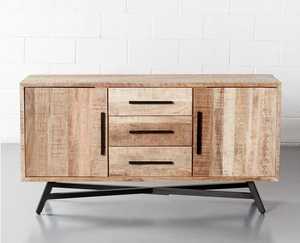 Rustic Mango Wood & Iron Sideboard Industrial style living room storage with <b>drawers</b> and <b>shelves</b>. - Product Image 1