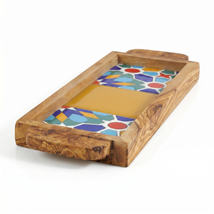 Aesthetic Square Serving Tray - Olivewood & Ceramic Tile Ottoman Tray for Modern <b>Coffee</b> <b>Table</b> Decor - Product Image 2