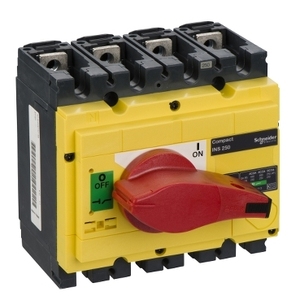 Sezionatore Semplice Schneider Electric Compact INS250 250A con Maniglia Rotante Rossa e Frontale Giallo, 4 Poli - Product Image 1