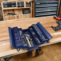 Boîte à outils en métal bleu marine de 53 cm, 5 compartiments, en fer, étanche, anti-poussière, pliable, avec revêtement en poudre et 2 poignées pour atelier et quincaillerie