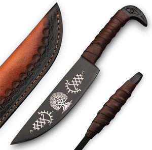 Cuchillo Vikingo de Caza de 9.5 Pulgadas, Hoja de Acero de Damasco, Mango de Cuerno de Toro, Recubrimiento de Polvo Negro, Acero con Alto Contenido de Carbono, Grabados Nórdicos - Product Image 3