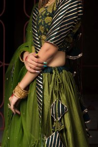Olive Green Handcrafted Lehenga Set with Printed <b>Skirt</b> Blouse and Sheer Dupatta Traditional Designer Indian Festive Wear Outfit - Product Image 2