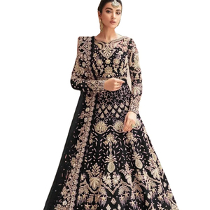 Anarkali Salwar non cousu en soie Georgette et tissu filet papillon lourd, richement orné de diamants multicolores, avec image réelle très demandée - Product Image 1