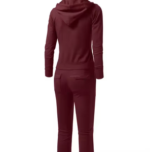 Chic Borgoña Zip-Up Sudadera con capucha y pantalones acampanados Conjunto Elegantes Tops largos con adornos vintage Puños para ropa casual Días activos - Product Image 4