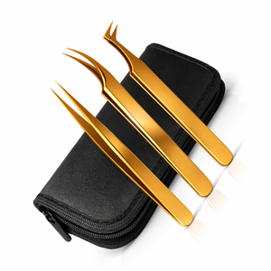 Gold Eyelash Extension Tweezers <b>Kit</b> 3 Piece Set Straight Curved Volume <b>Lash</b> Tools Stainless Steel for Beginners - Product Image 1