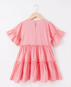 Robe de plage décontractée mi-mollet rose unie en coton écologique à volants pour filles, manches régulières, col rond, pour l'été - Product Image 3