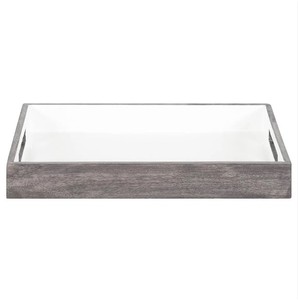 Plateau d'accent de ferme contemporain du principal fabricant, décor de service, bois de manguier massif délavé blanc et gris avec verre, style artistique - Product Image 2