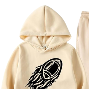 Conjunto Deportivo Beige Estampado con Gráfico de Fútbol, Sudadera con Capucha y Pantalones Jogger de Felpa de Algodón, Ropa Deportiva Masculina para Invierno, Estilo Urbano, Uso Diario, Moda - Product Image 2