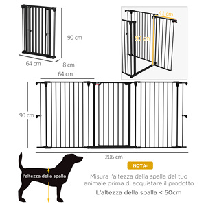 PawHut 3 Panneau Double Serrure Moyen Chien Barrière, 206x90cm, Noir - Product Image 3