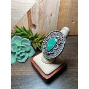 Navajo Handmade <b>Statement</b> <b>Ring</b> Kingman Turquoise & Sterling <b>Silver</b> Size 7.25 Gemstone Inlay for Everyday Wear - Product Image 3