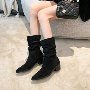 Bottines classiques en daim à bout pointu, bottes en caoutchouc à fermeture éclair, hauteur accrue de 5 cm, confortables en PU, solides pour l'automne et l'hiver, grandes tailles - Product Image 4