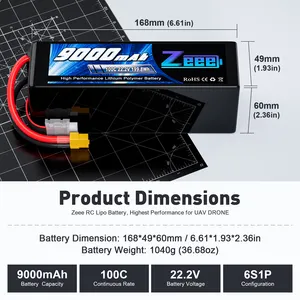 Zeee FPV Drone Battery 6S 9000mAh 100C 22.2V XT60 RC LiPo For Toys Boats Large Scale Airplane Drone Aircraft