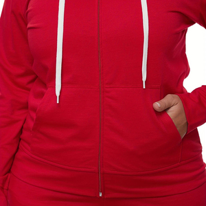 Chándal de talla grande de 2 piezas con capucha y cremallera roja de alta calidad de algodón 100% para mujer - Product Image 3
