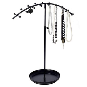 Expositor de Joyería de Metal Negro Vintage con Ganchos Ajustables y Bandeja Redonda para Collares, Pulseras y Accesorios de Joyería - Product Image 1