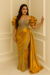 Robe de bal romantique en satin à épaules dénudées avec broderie florale Silhouette trapèze douce et décoration de motif de fête - Product Image 3