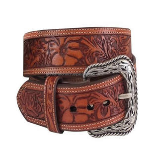 Stylish Floral Tooled Pattern Embossed <b>Men's</b> Western <b>Leather</b> Tooling <b>Belt</b> With Designer Antique Silver Brass Pin Buckle - Product Image 1